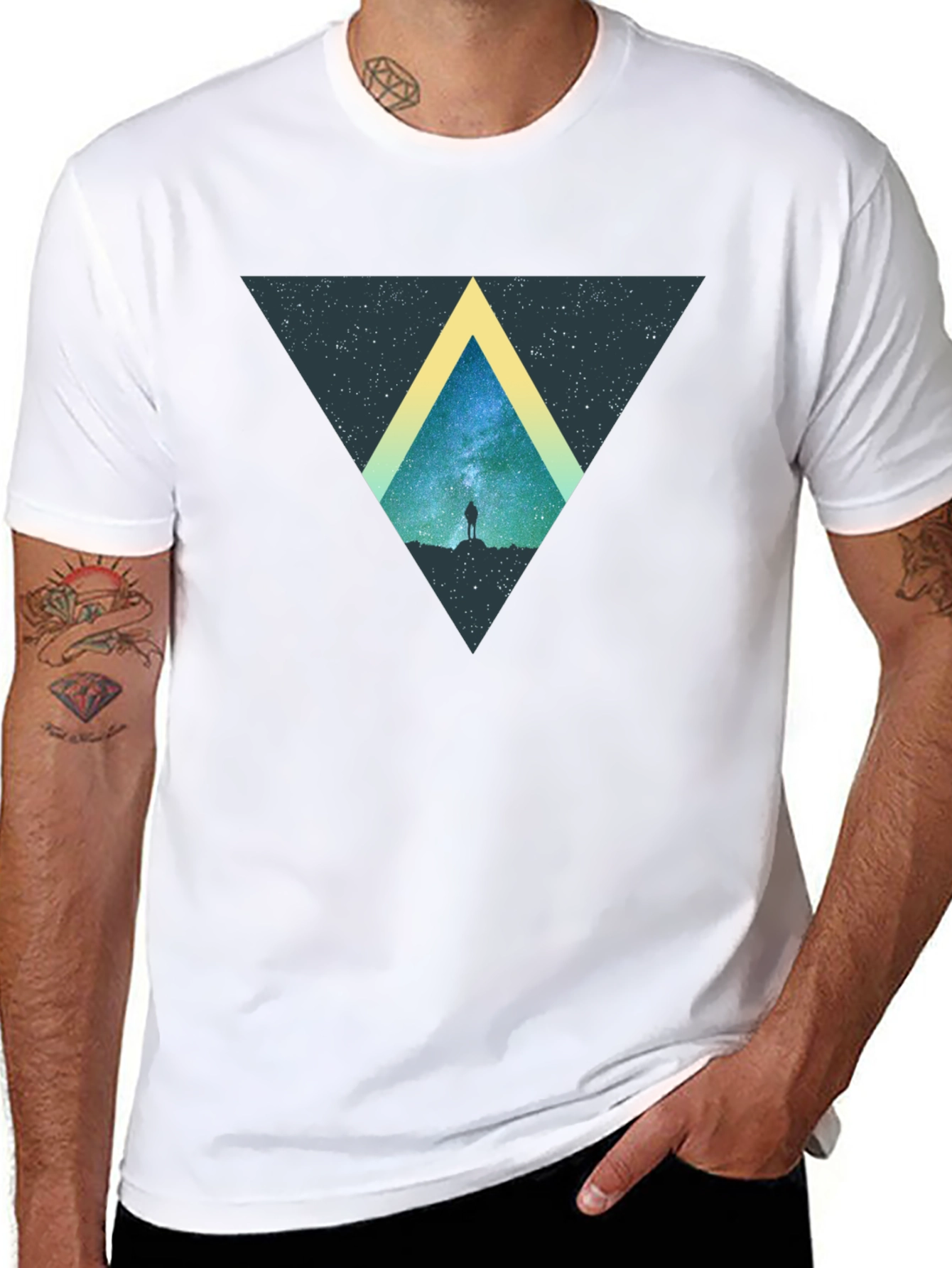 Cosmic Triangle Black T-Shirt - Starry Night Design