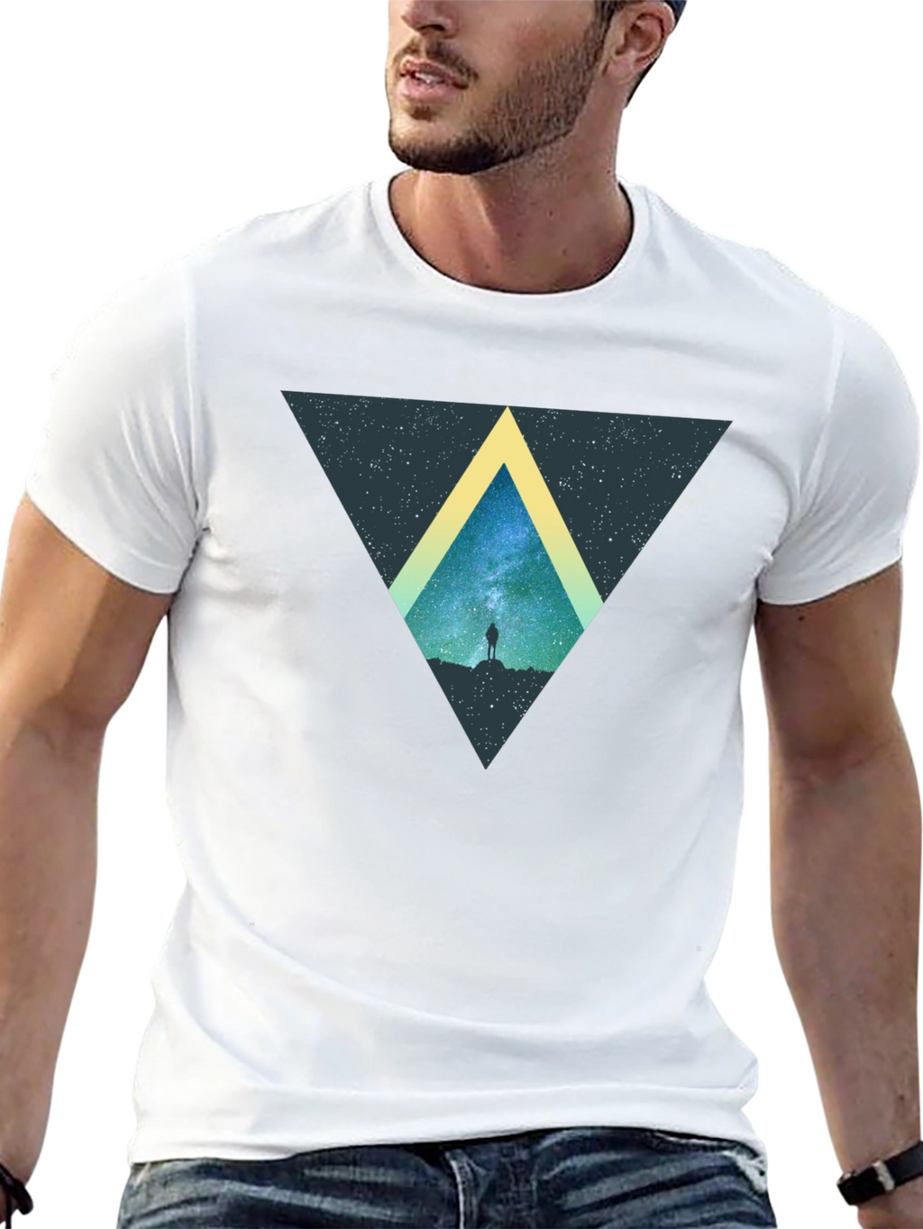 Cosmic Triangle Black T-Shirt - Starry Night Design