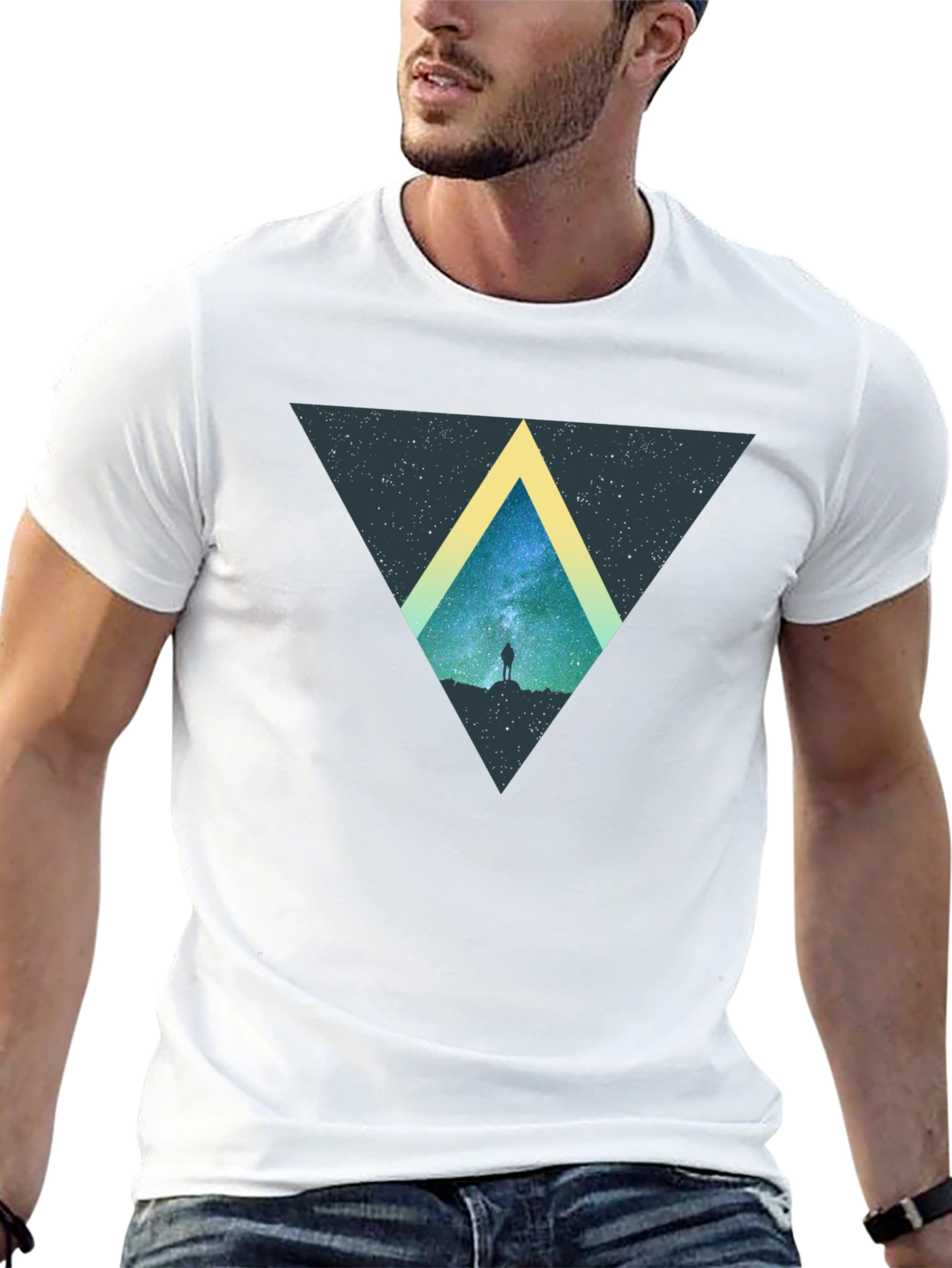 Cosmic Triangle Black T-Shirt - Starry Night Design