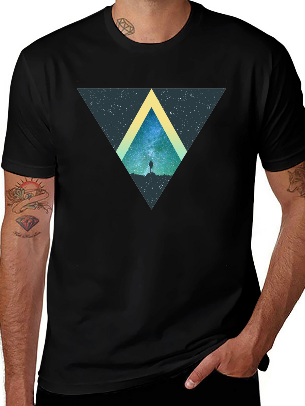 Cosmic Triangle Black T-Shirt - Starry Night Design