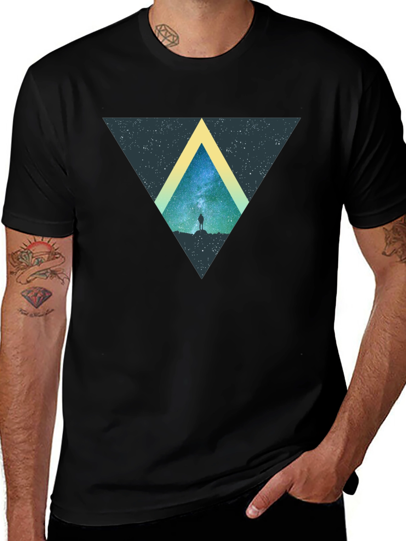 Cosmic Triangle Black T-Shirt - Starry Night Design