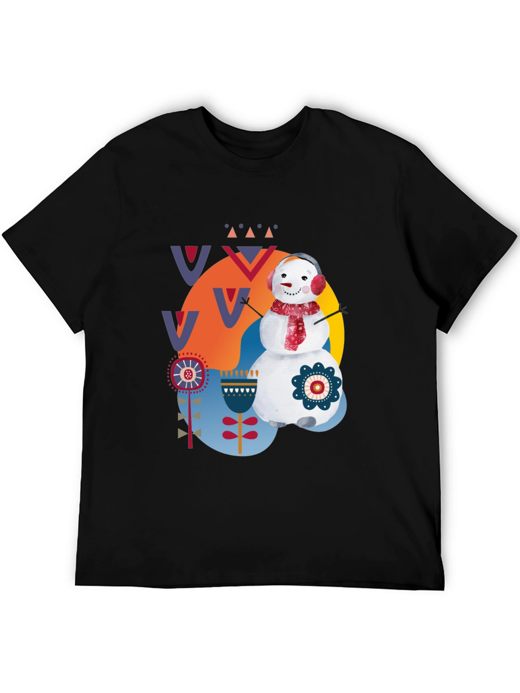 Whimsical Snowman Graphic Tee - Black Cotton Blend