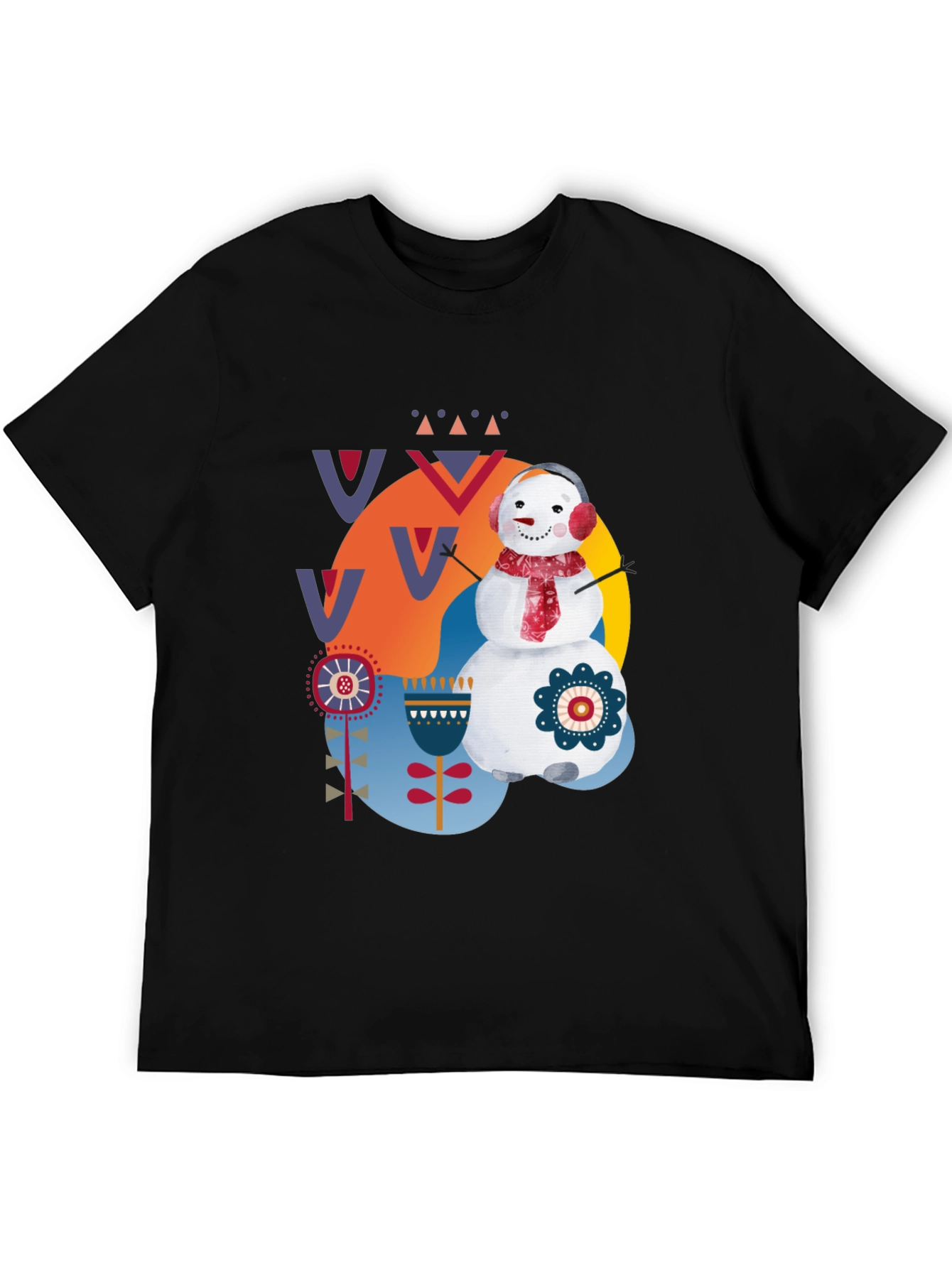 Whimsical Snowman Graphic Tee - Black Cotton Blend