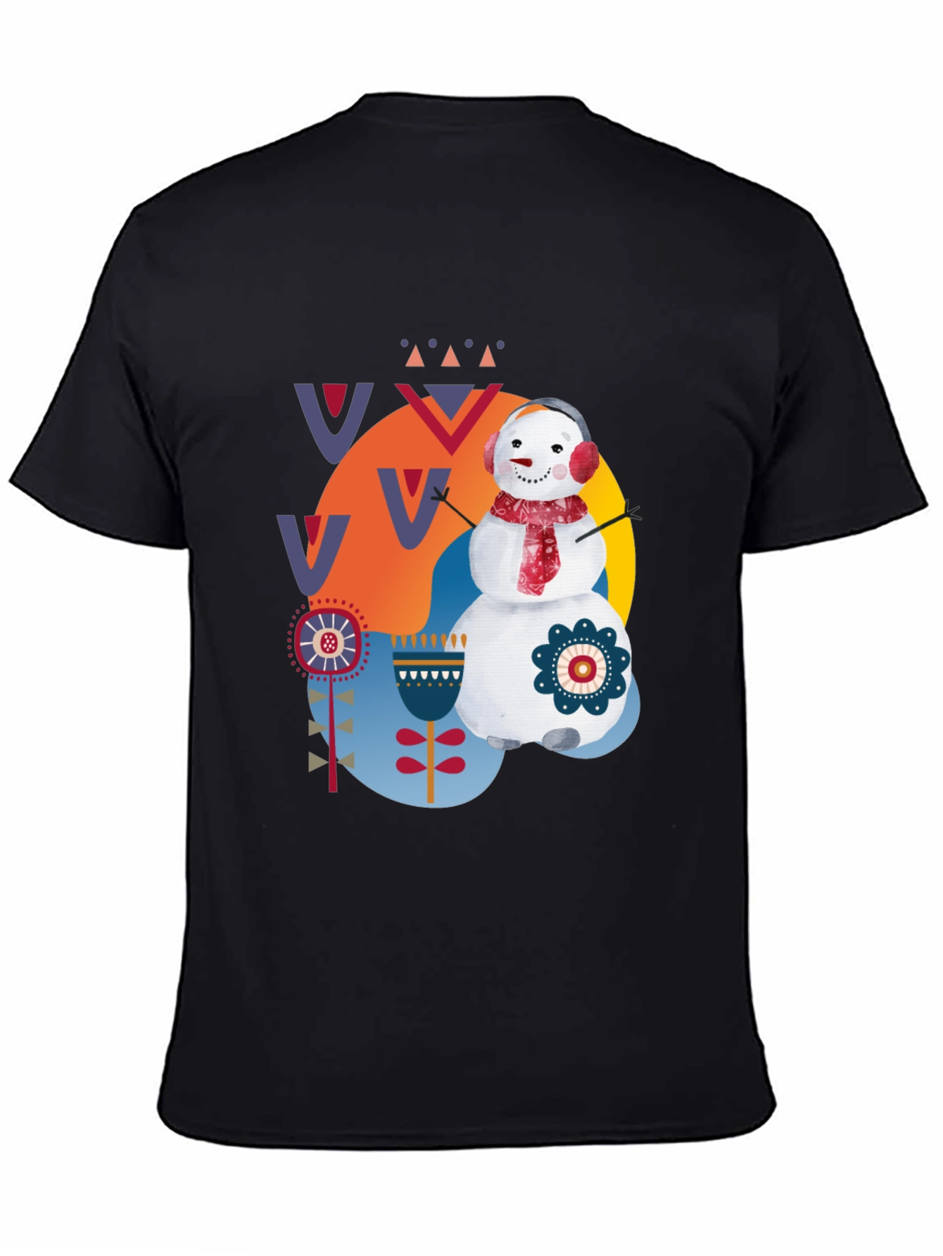 Whimsical Snowman Graphic Tee - Black Cotton Blend