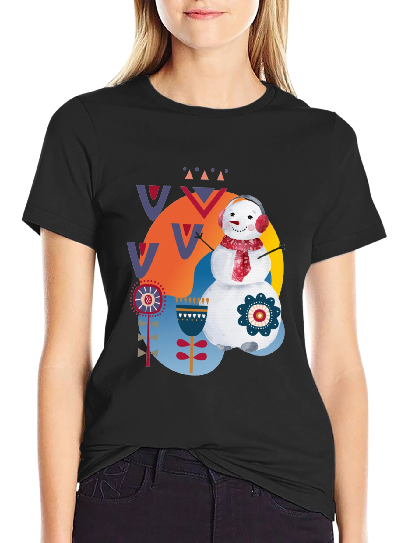 Whimsical Snowman Graphic Tee - Black Cotton Blend