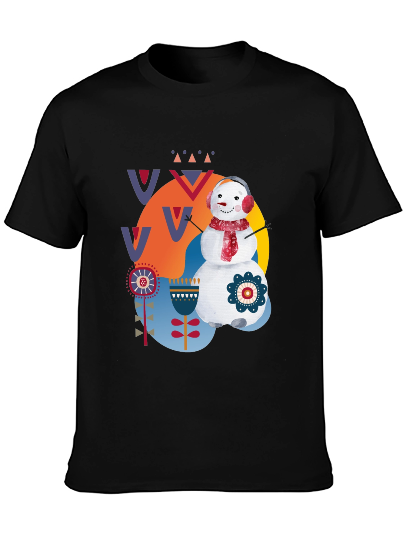 Whimsical Snowman Graphic Tee - Black Cotton Blend