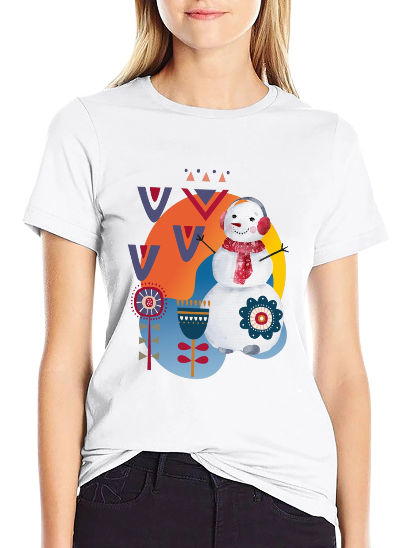 Whimsical Snowman Graphic Tee - Black Cotton Blend