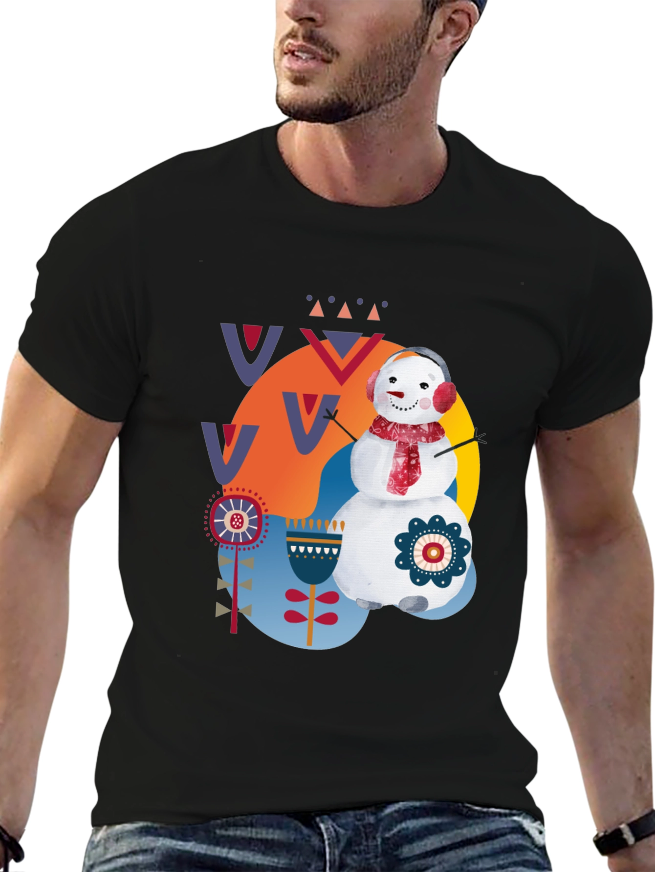 Whimsical Snowman Graphic Tee - Black Cotton Blend