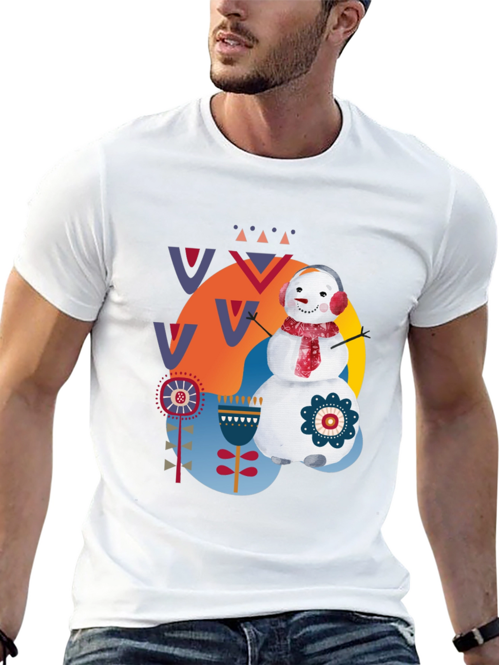 Whimsical Snowman Graphic Tee - Black Cotton Blend
