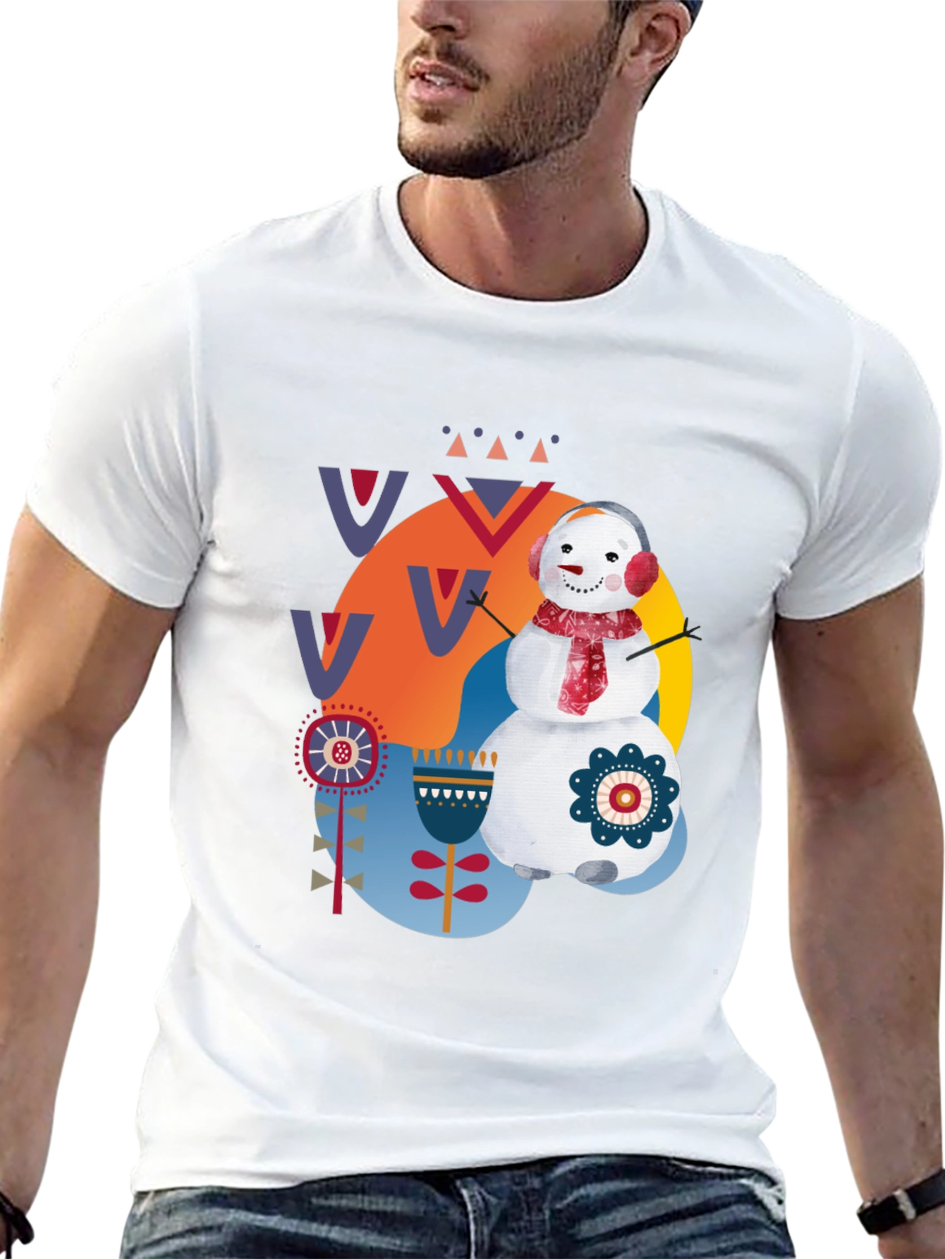 Whimsical Snowman Graphic Tee - Black Cotton Blend