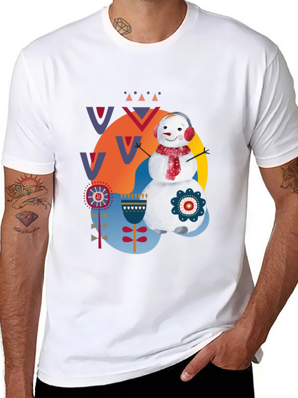 Whimsical Snowman Graphic Tee - Black Cotton Blend