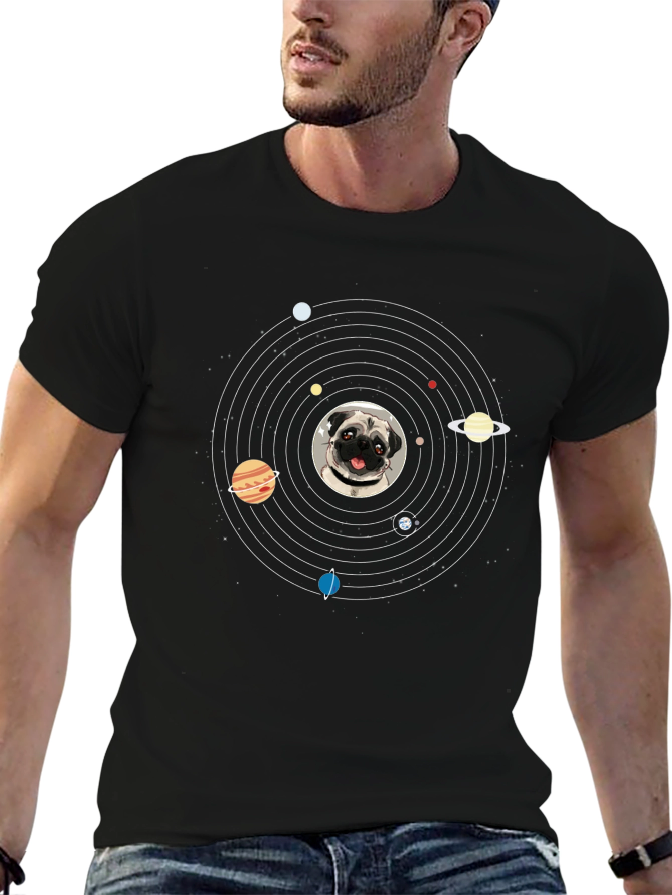 Pug in Space Mens Black T-Shirt