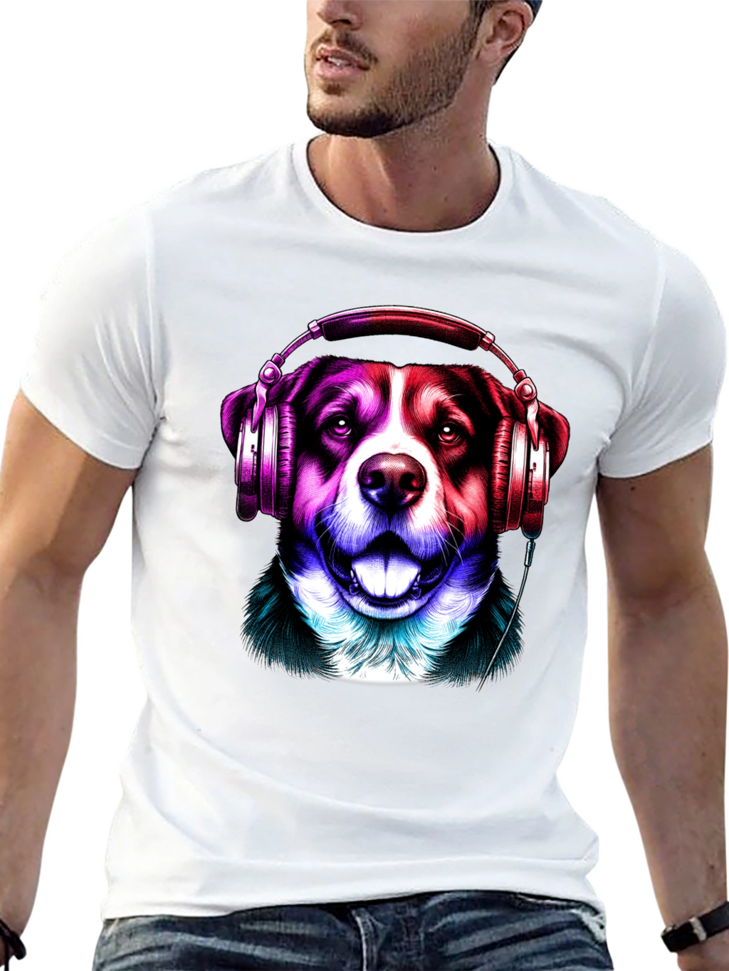 Dog with Headphones Graphic Tee - Mens Black T-Shirt