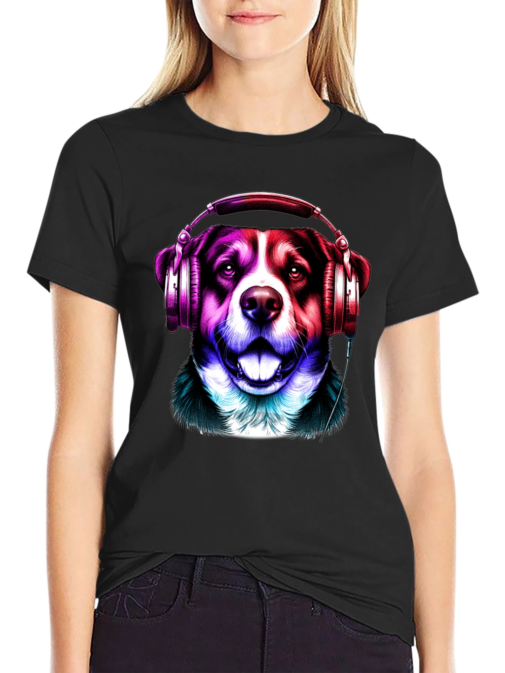 Dog with Headphones Graphic Tee - Mens Black T-Shirt
