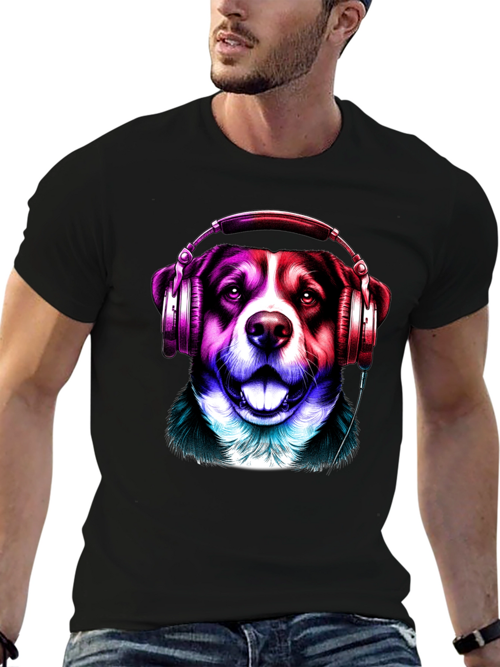 Dog with Headphones Graphic Tee - Mens Black T-Shirt