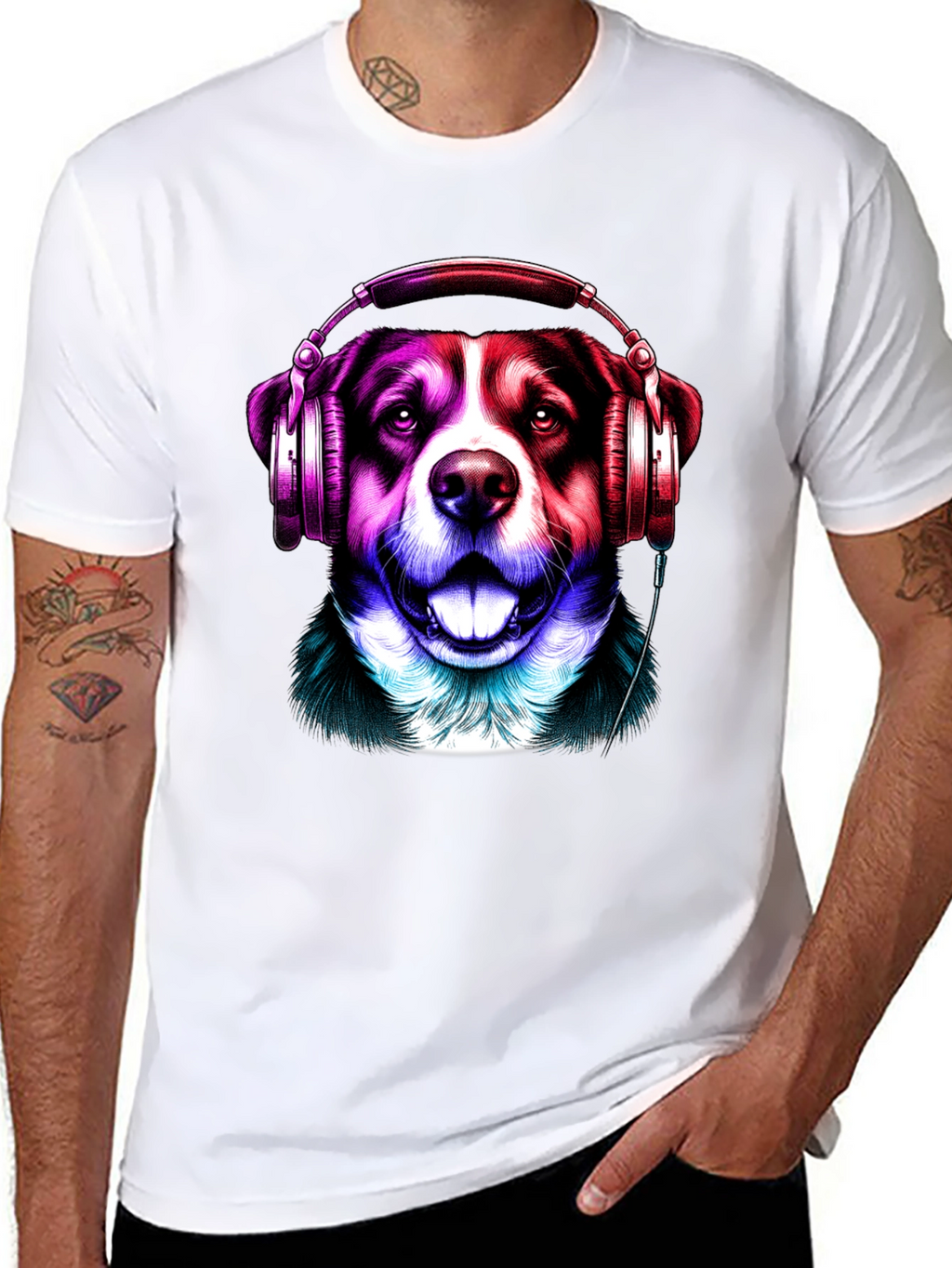 Dog with Headphones Graphic Tee - Mens Black T-Shirt