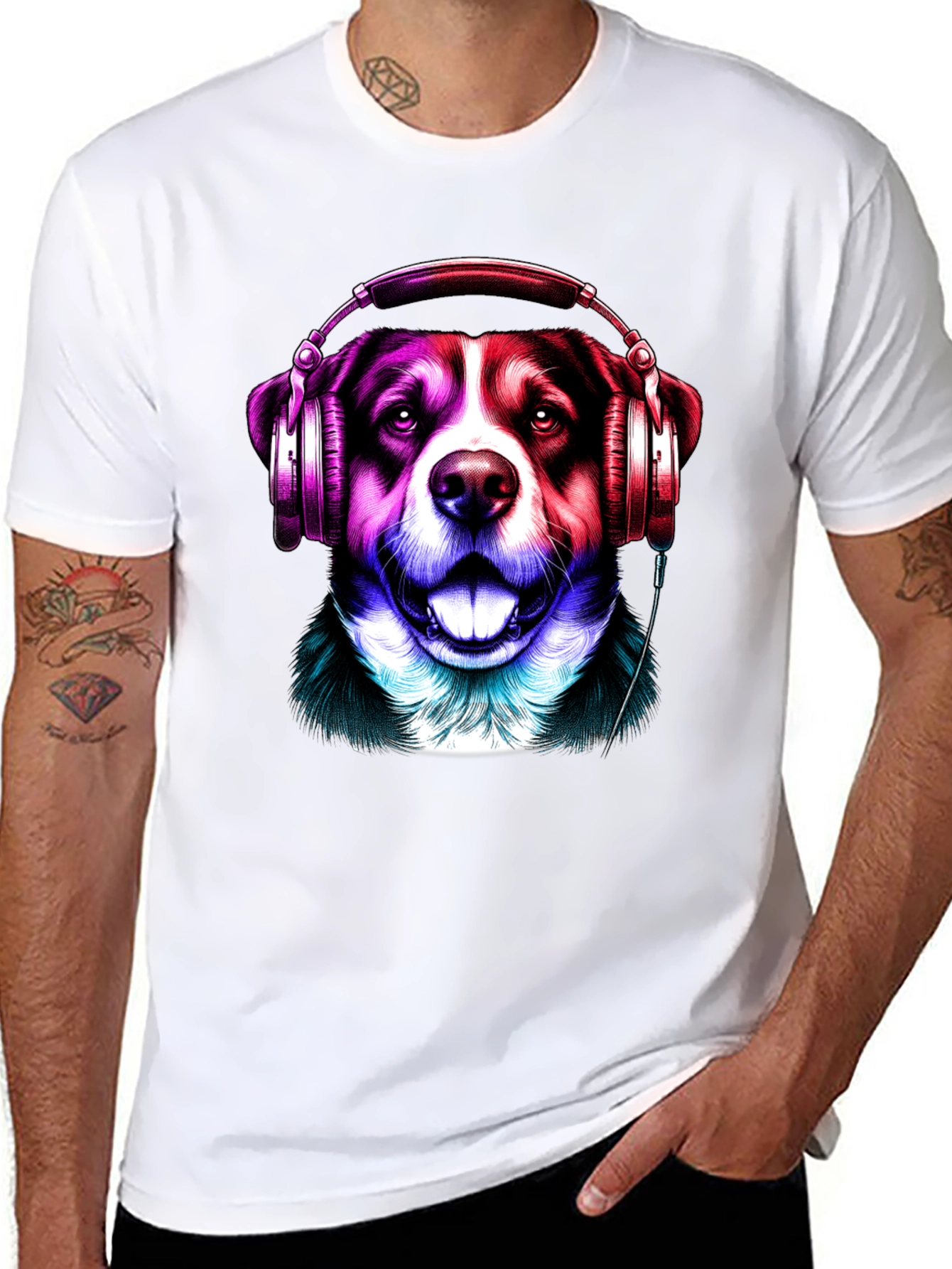 Dog with Headphones Graphic Tee - Mens Black T-Shirt