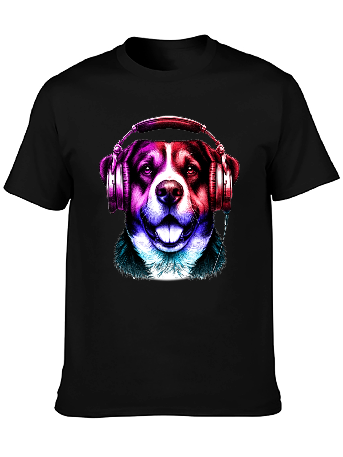 Dog with Headphones Graphic Tee - Mens Black T-Shirt