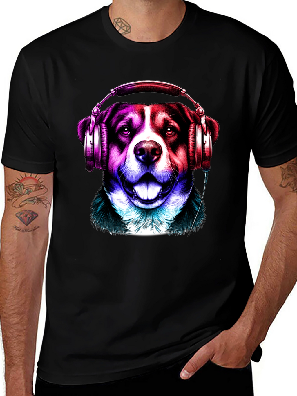 Dog with Headphones Graphic Tee - Mens Black T-Shirt