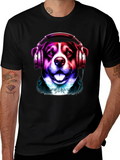 Dog with Headphones Graphic Tee - Mens Black T-Shirt