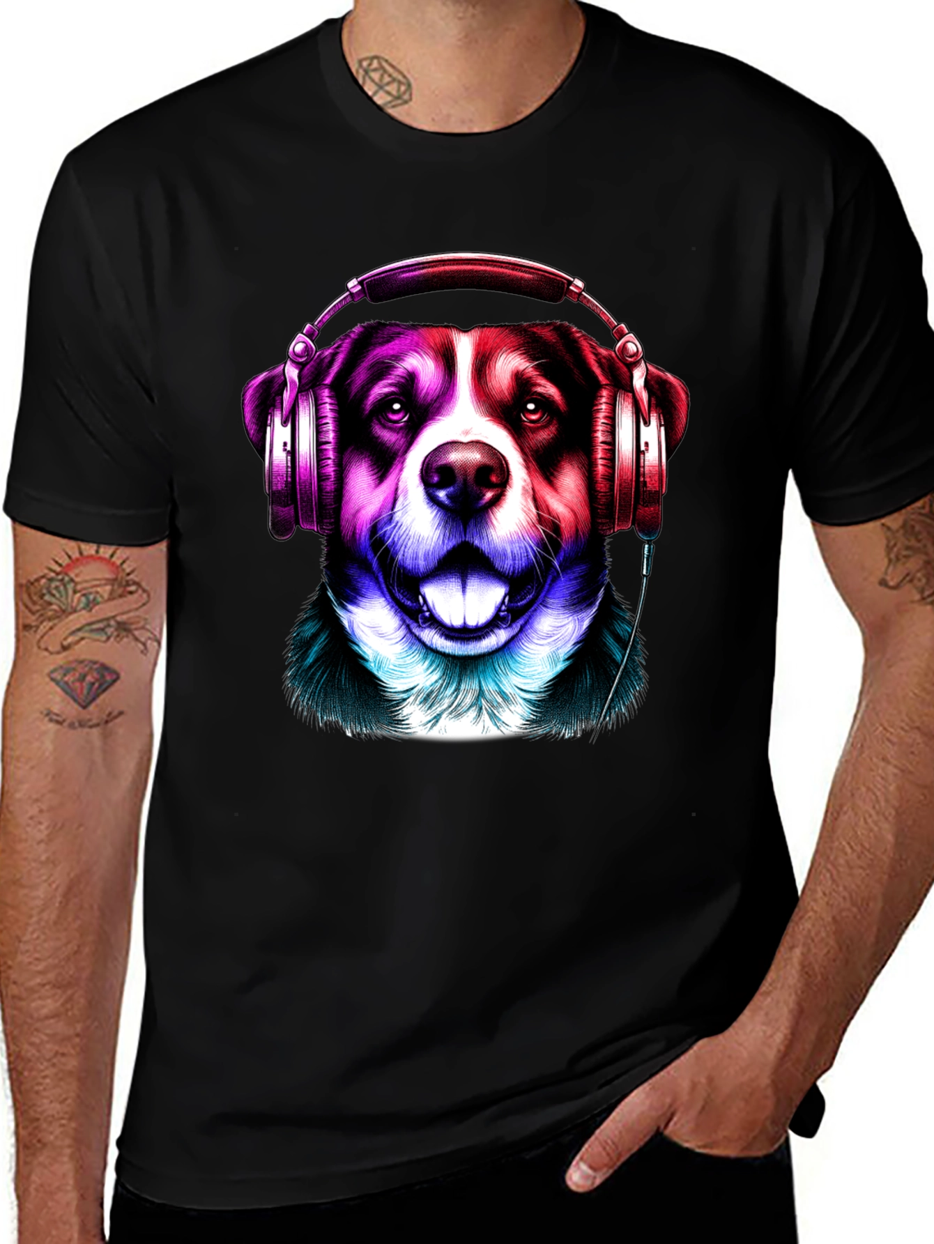 Dog with Headphones Graphic Tee - Mens Black T-Shirt