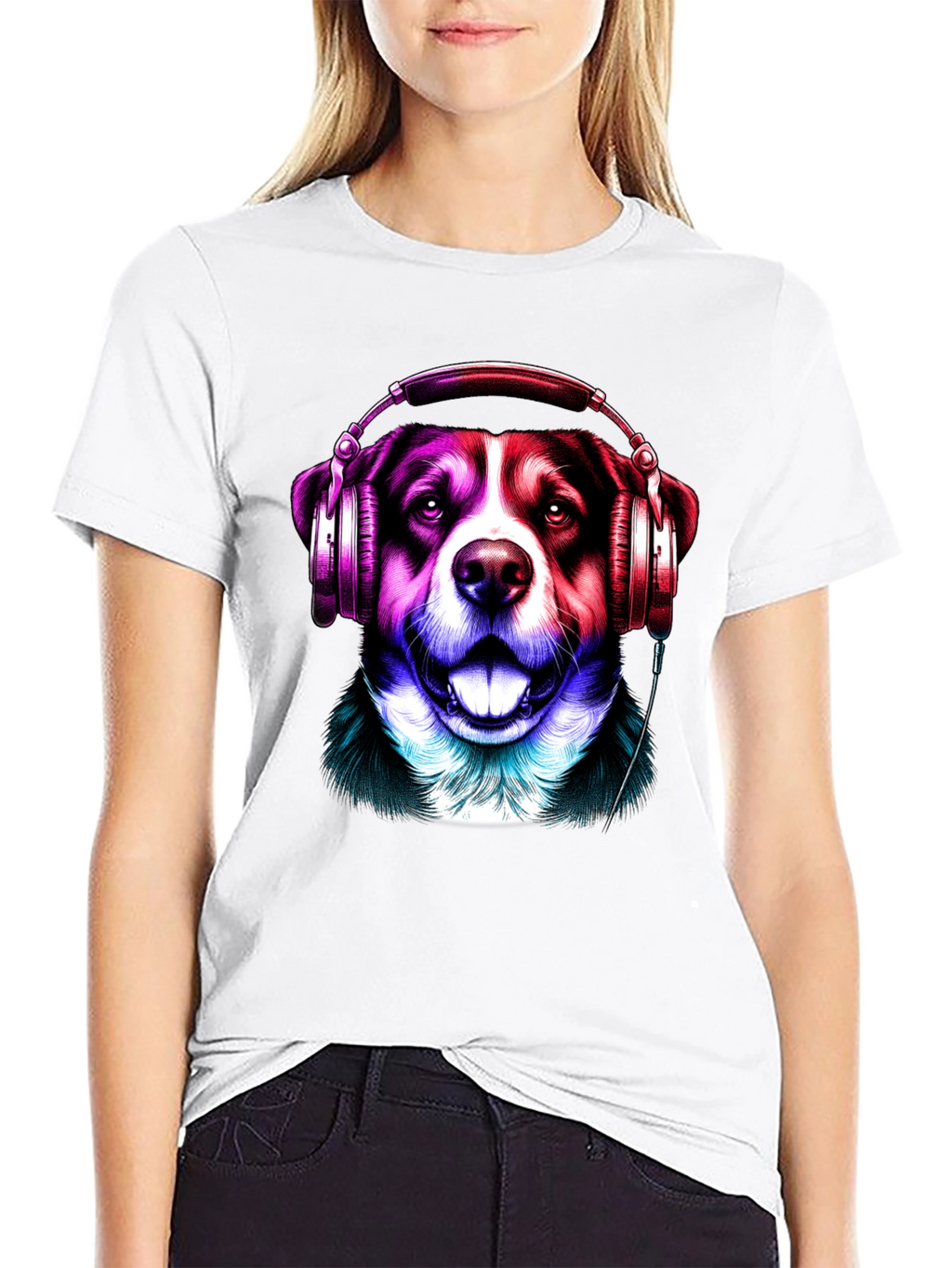 Dog with Headphones Graphic Tee - Mens Black T-Shirt