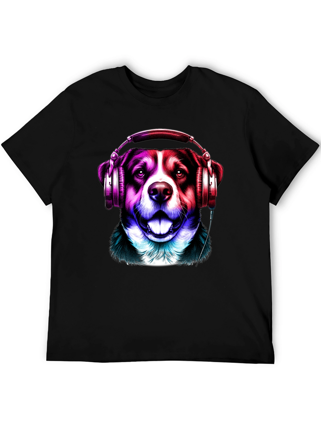 Dog with Headphones Graphic Tee - Mens Black T-Shirt