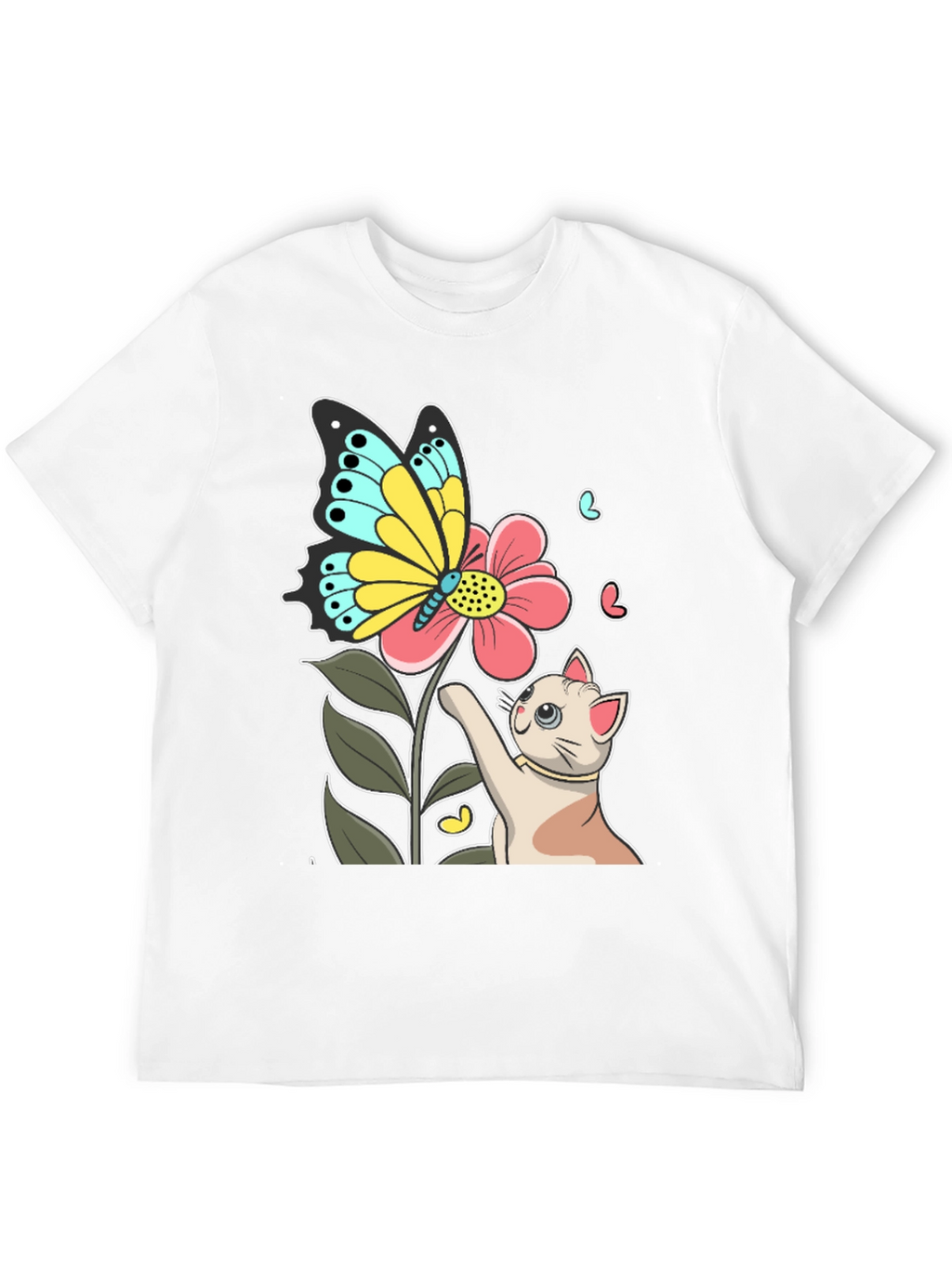 Cute Cat & Butterfly Graphic Black T-Shirt