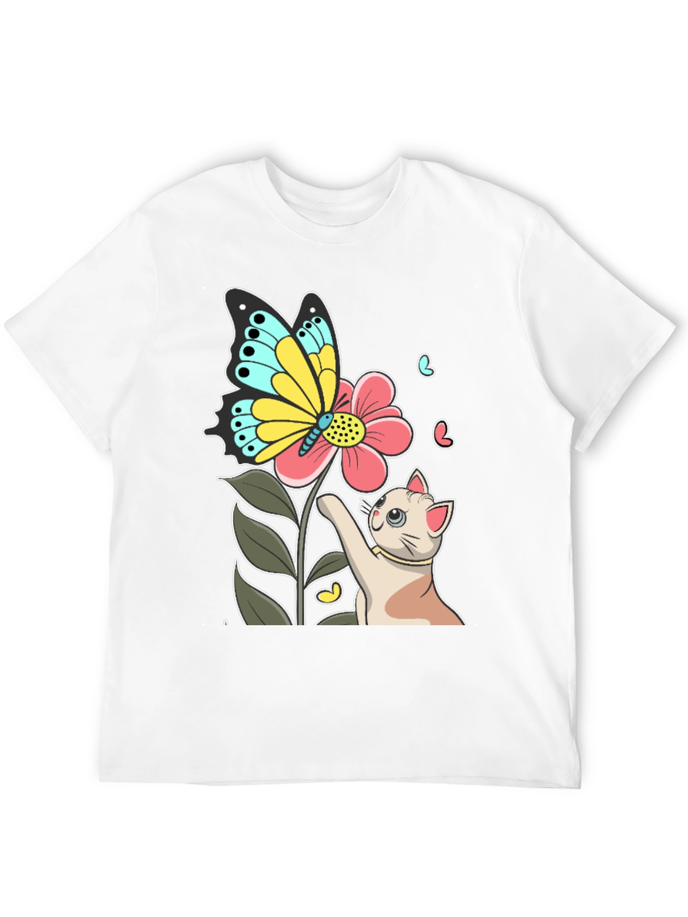 Cute Cat & Butterfly Graphic Black T-Shirt