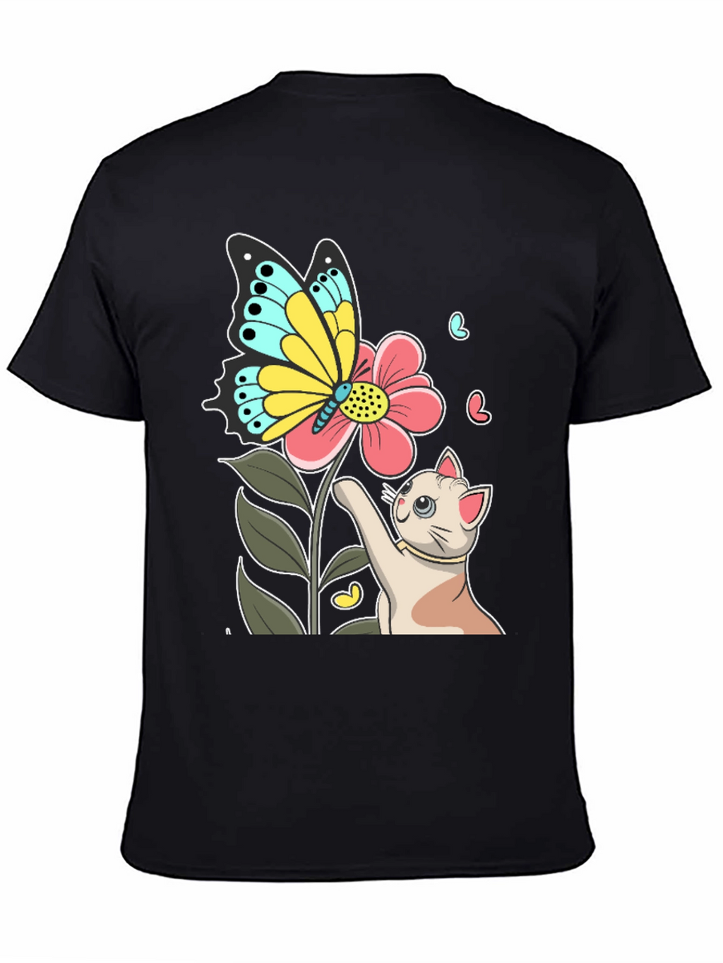 Cute Cat & Butterfly Graphic Black T-Shirt