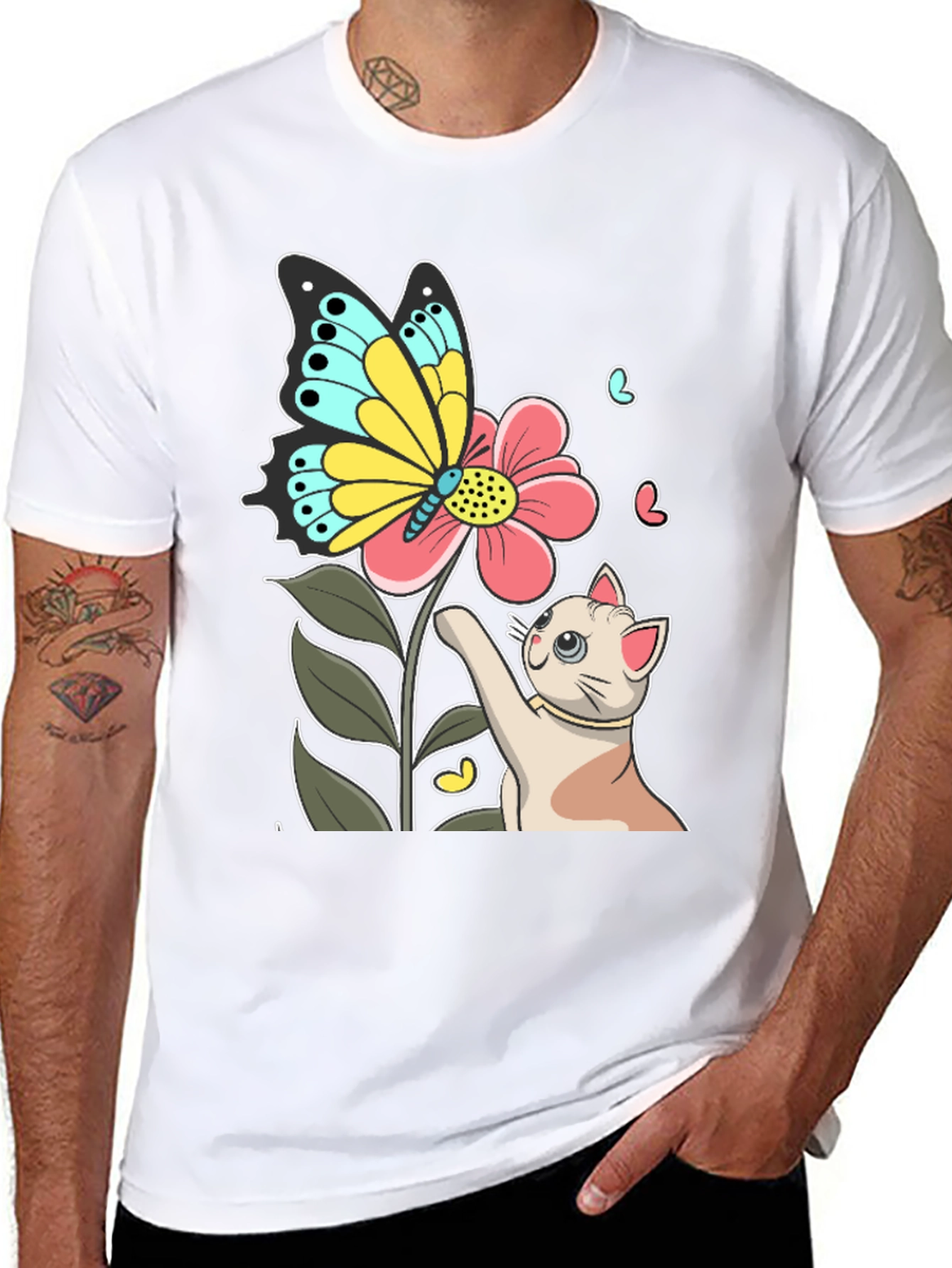 Cute Cat & Butterfly Graphic Black T-Shirt