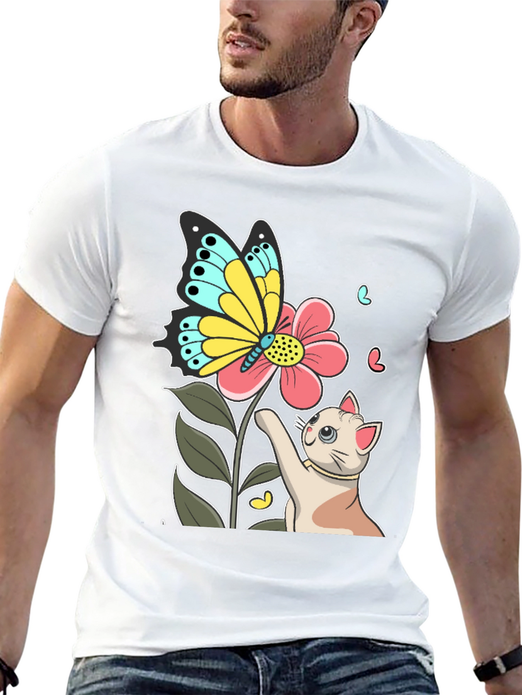Cute Cat & Butterfly Graphic Black T-Shirt
