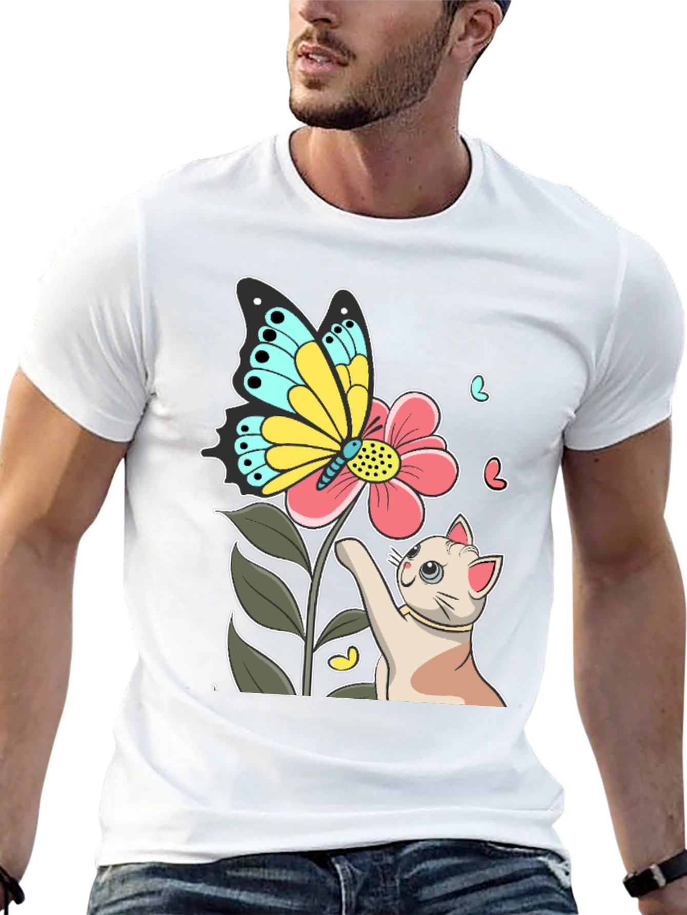 Cute Cat & Butterfly Graphic Black T-Shirt