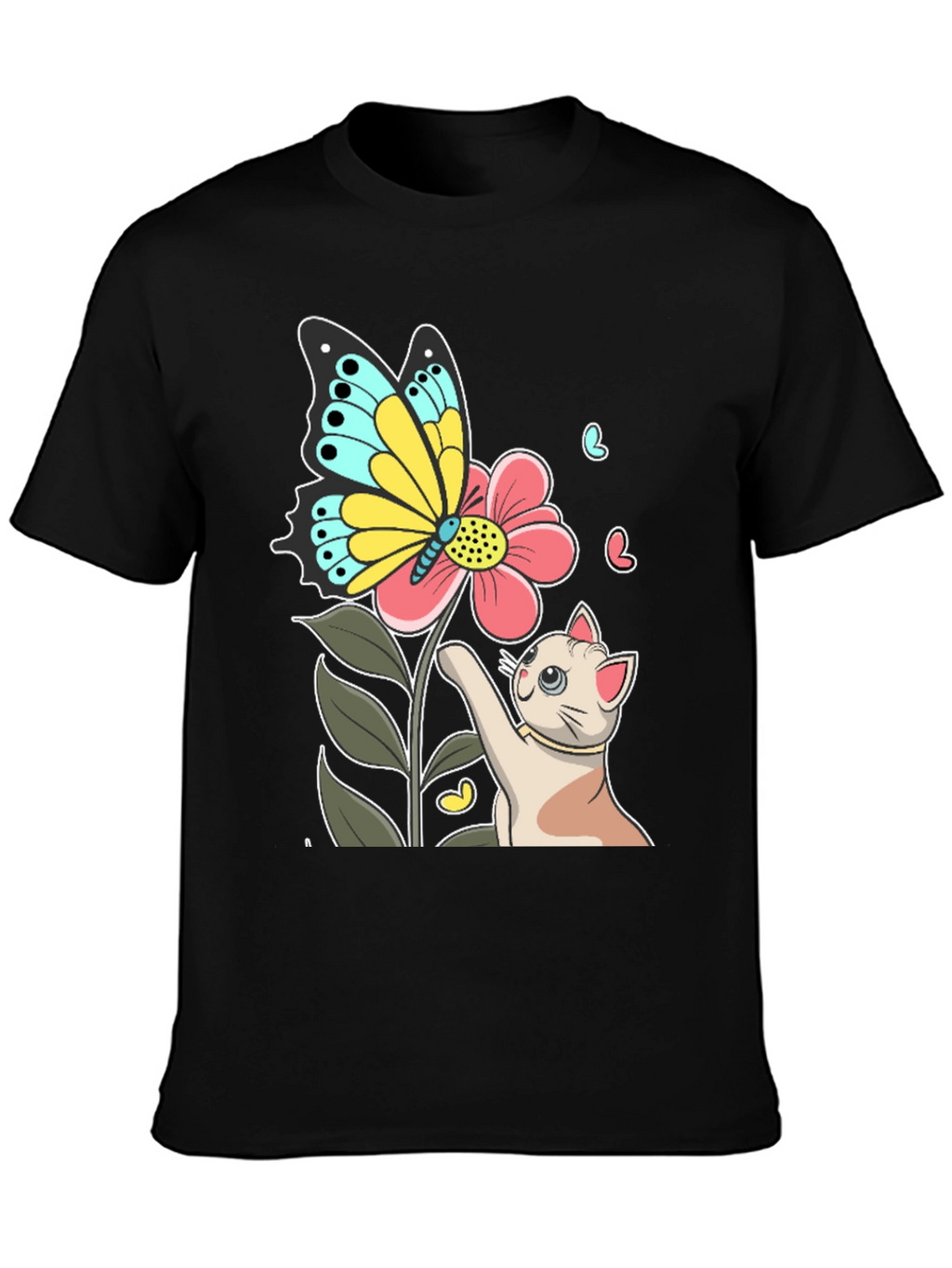 Cute Cat & Butterfly Graphic Black T-Shirt