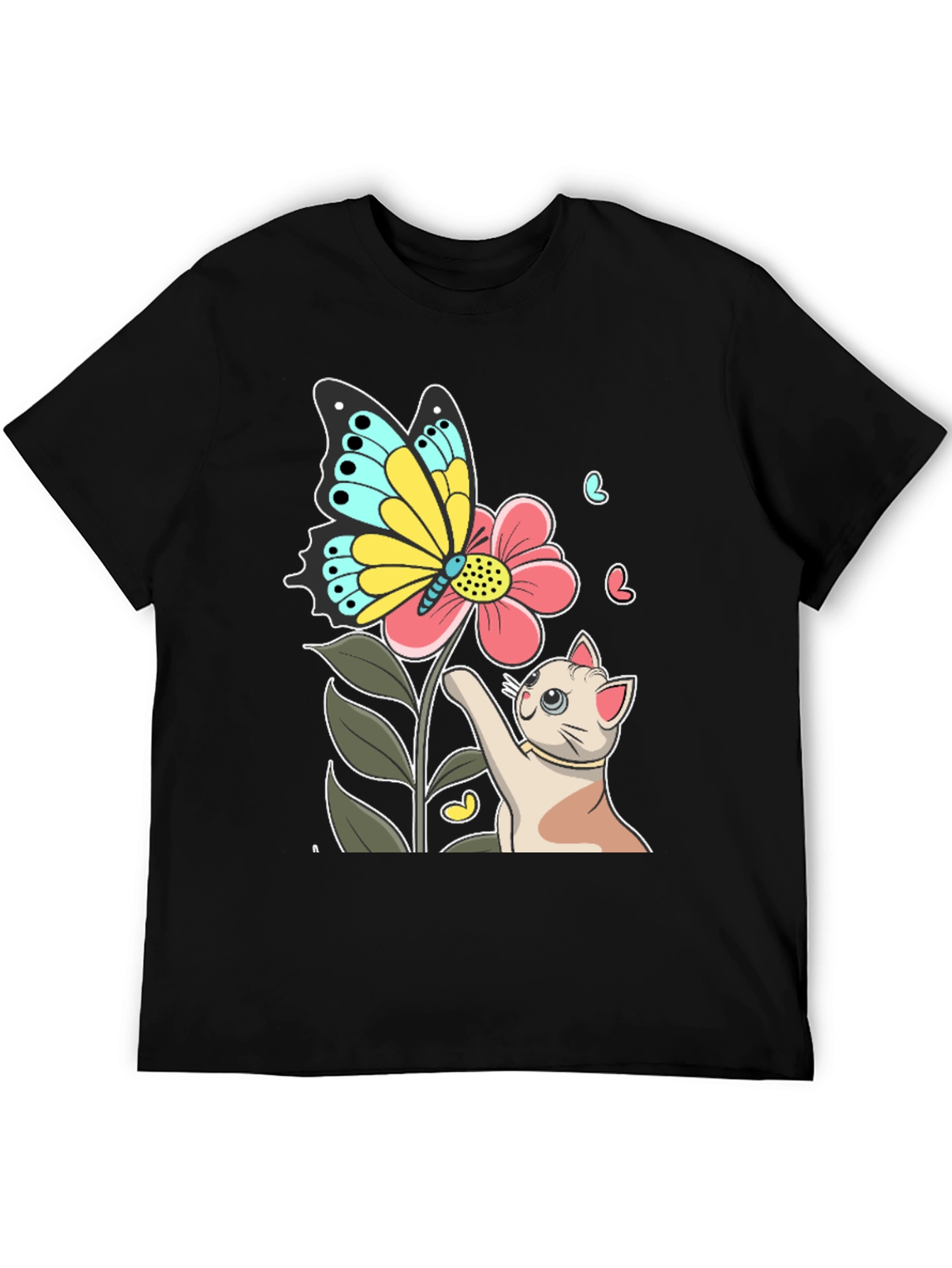 Cute Cat & Butterfly Graphic Black T-Shirt