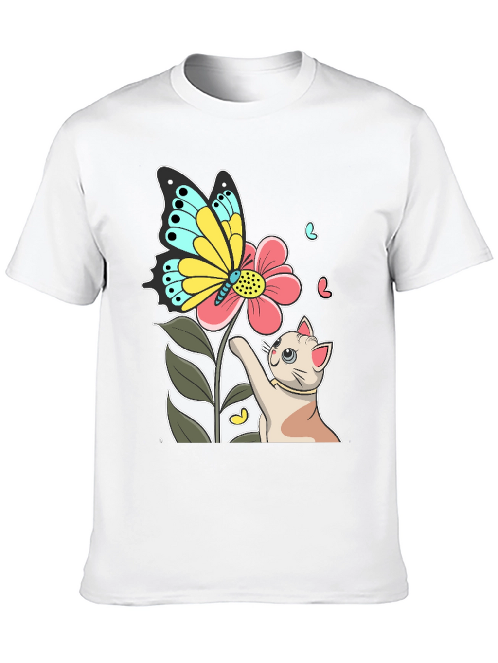 Cute Cat & Butterfly Graphic Black T-Shirt