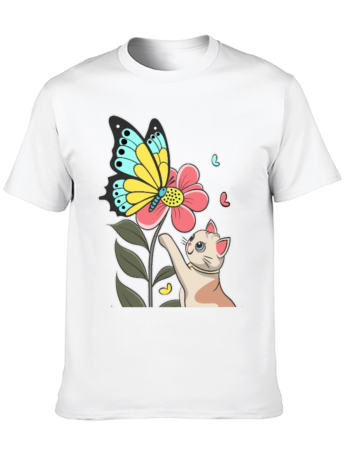 Cute Cat & Butterfly Graphic Black T-Shirt