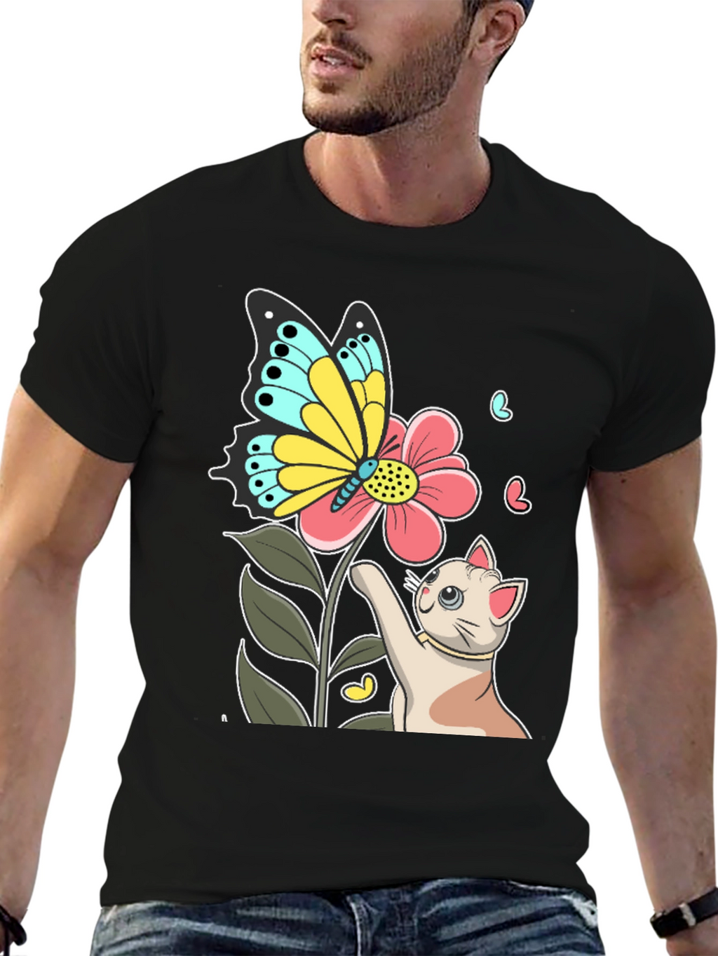 Cute Cat & Butterfly Graphic Black T-Shirt