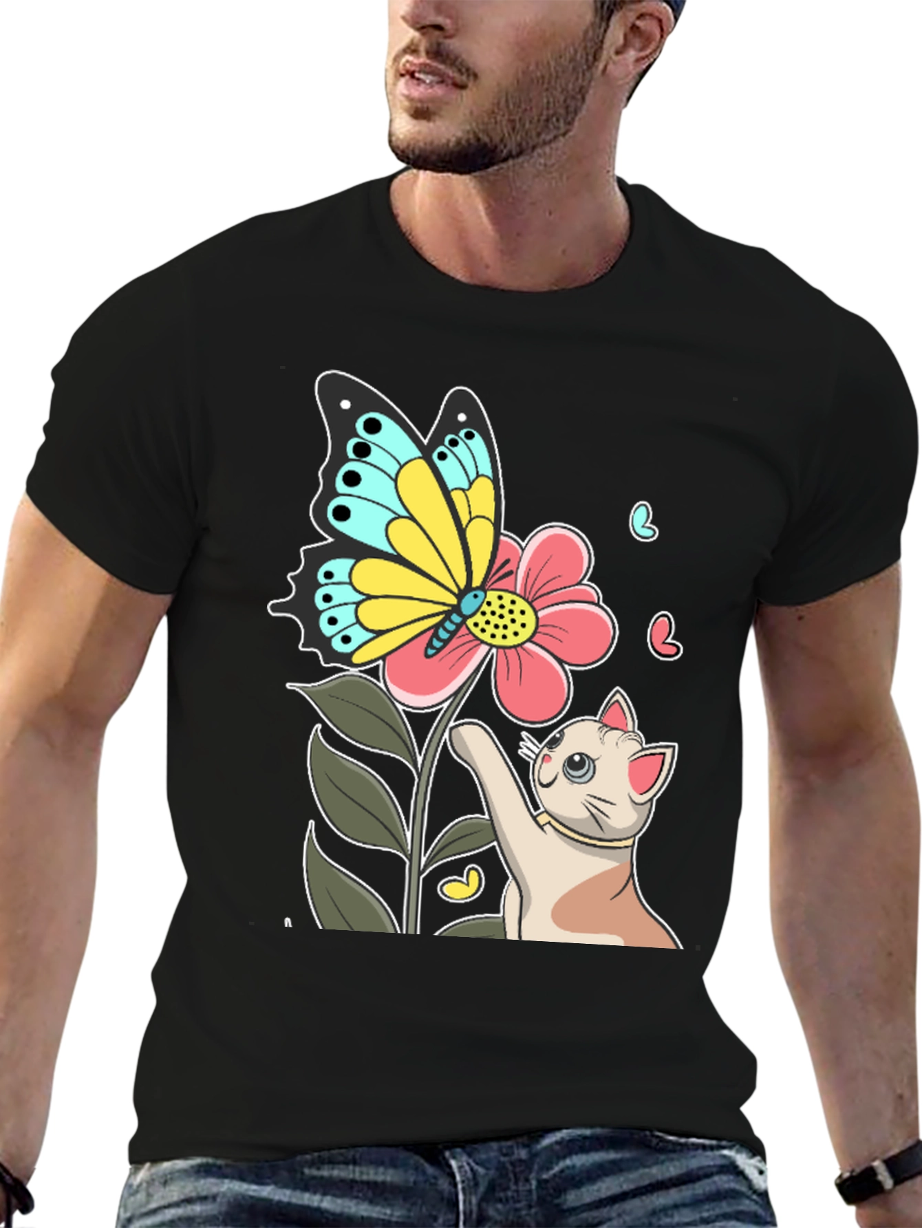Cute Cat & Butterfly Graphic Black T-Shirt