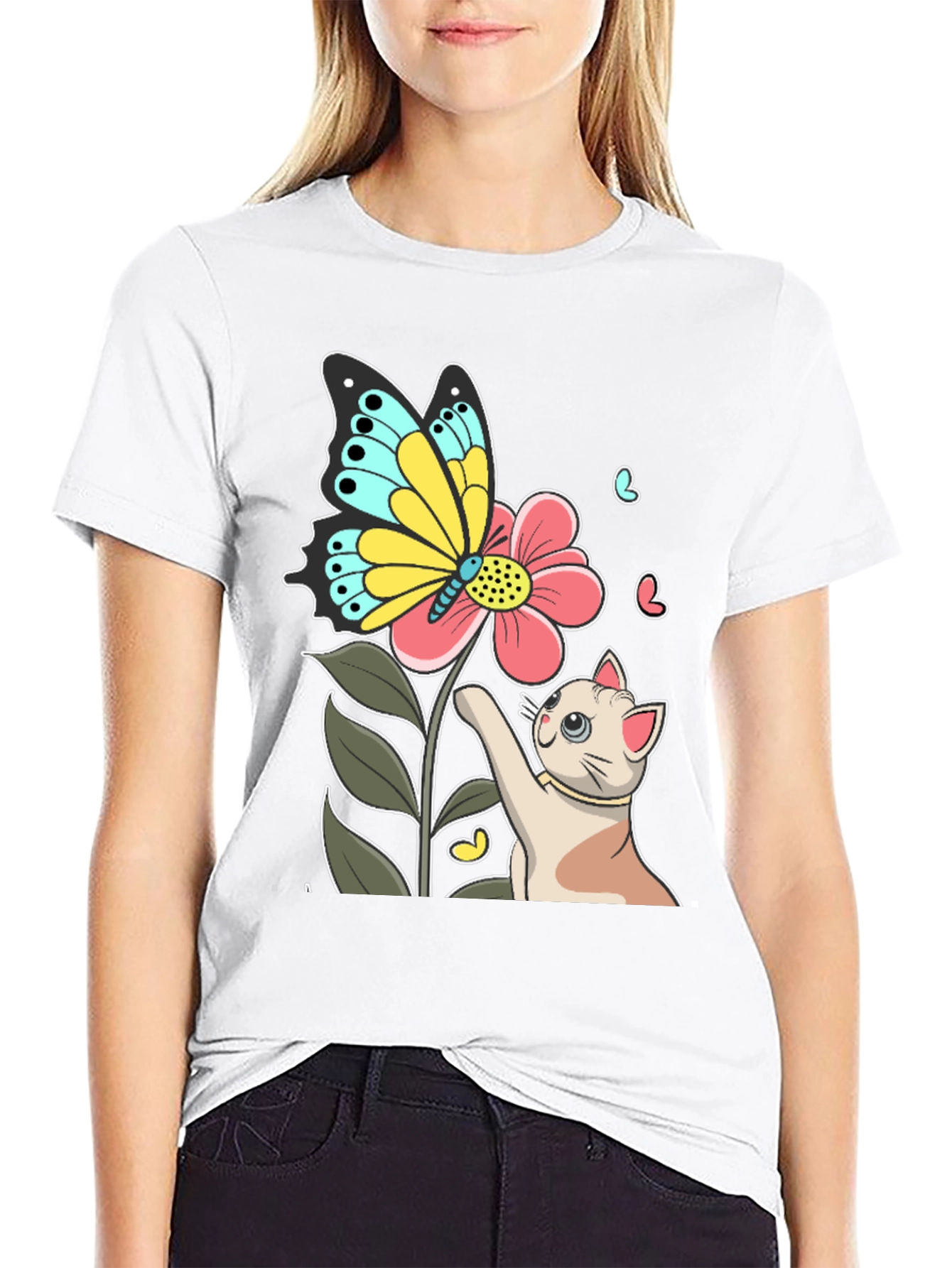 Cute Cat & Butterfly Graphic Black T-Shirt