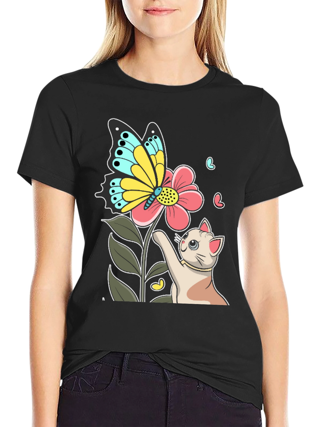 Cute Cat & Butterfly Graphic Black T-Shirt