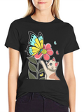 Cute Cat & Butterfly Graphic Black T-Shirt