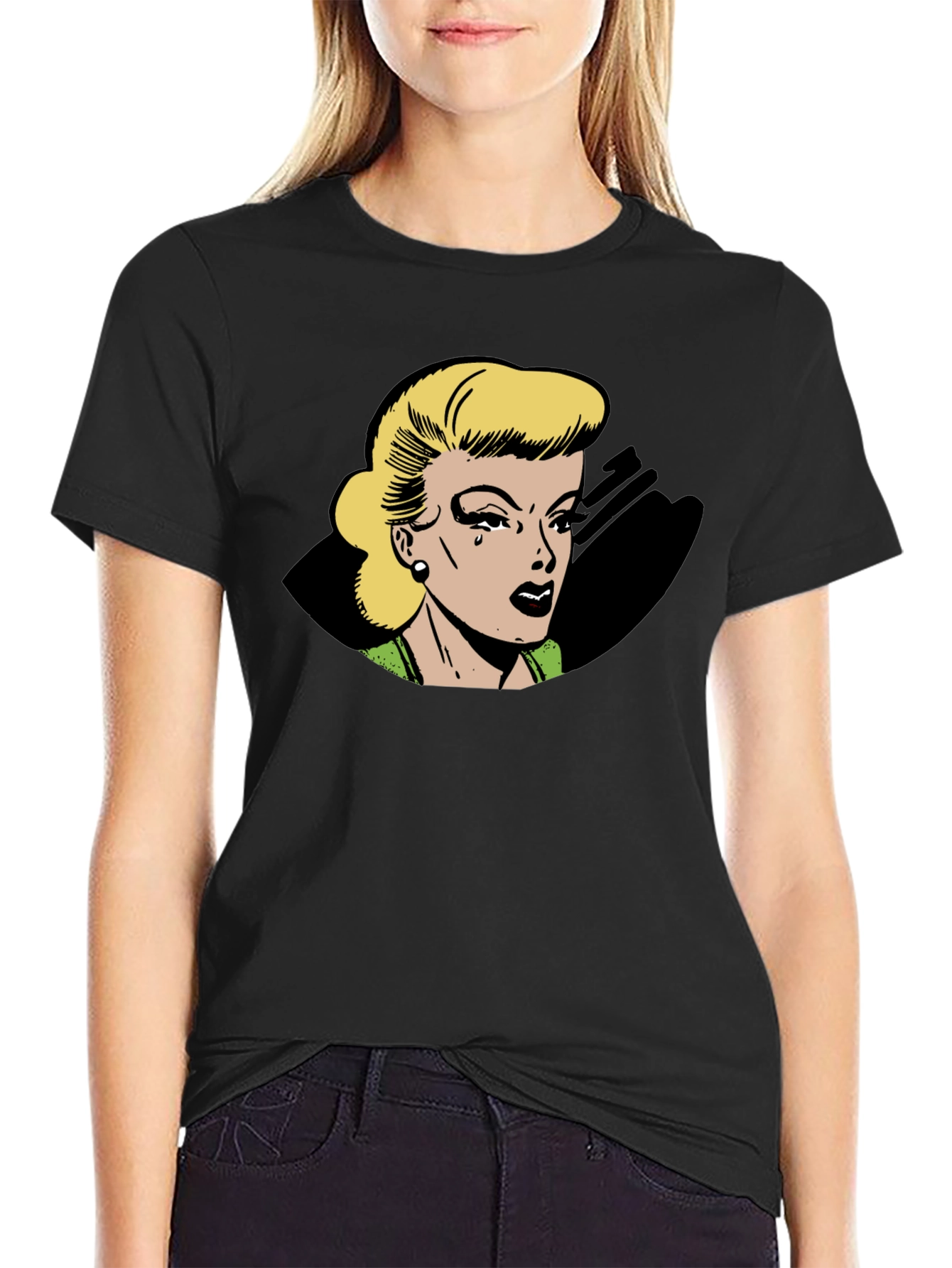 Retro Comic Style Womans Black T-Shirt