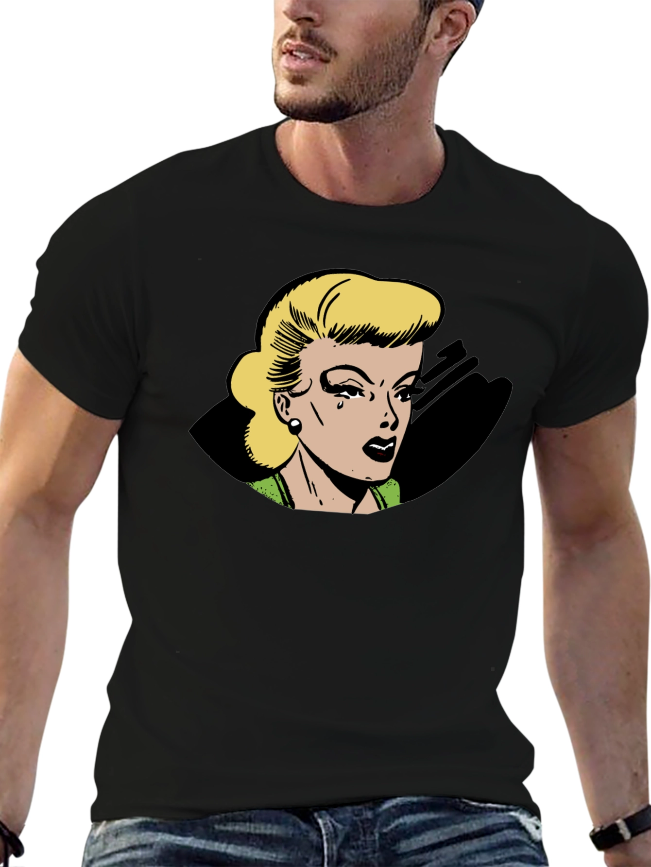 Retro Comic Style Womans Black T-Shirt