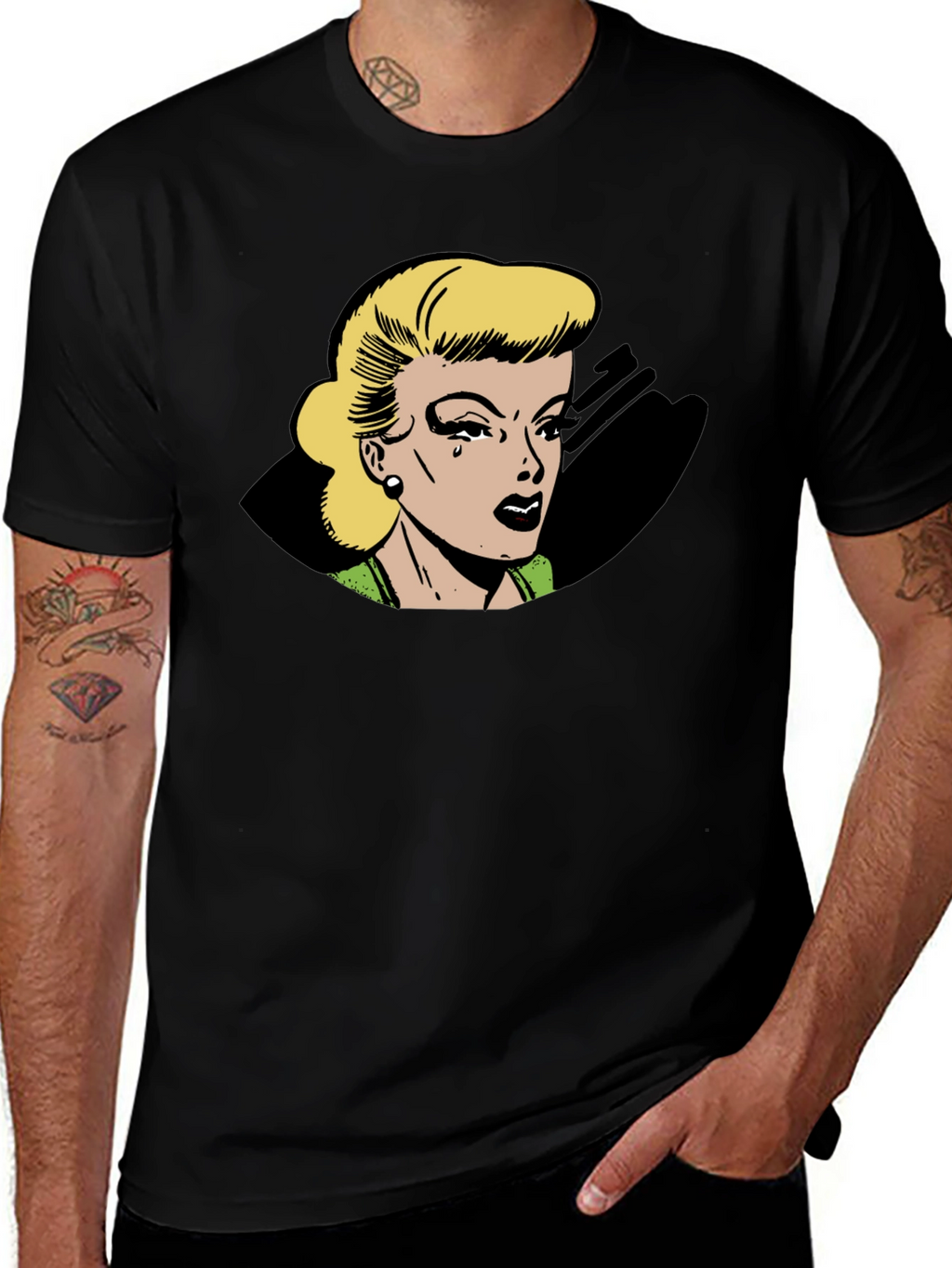 Retro Comic Style Womans Black T-Shirt