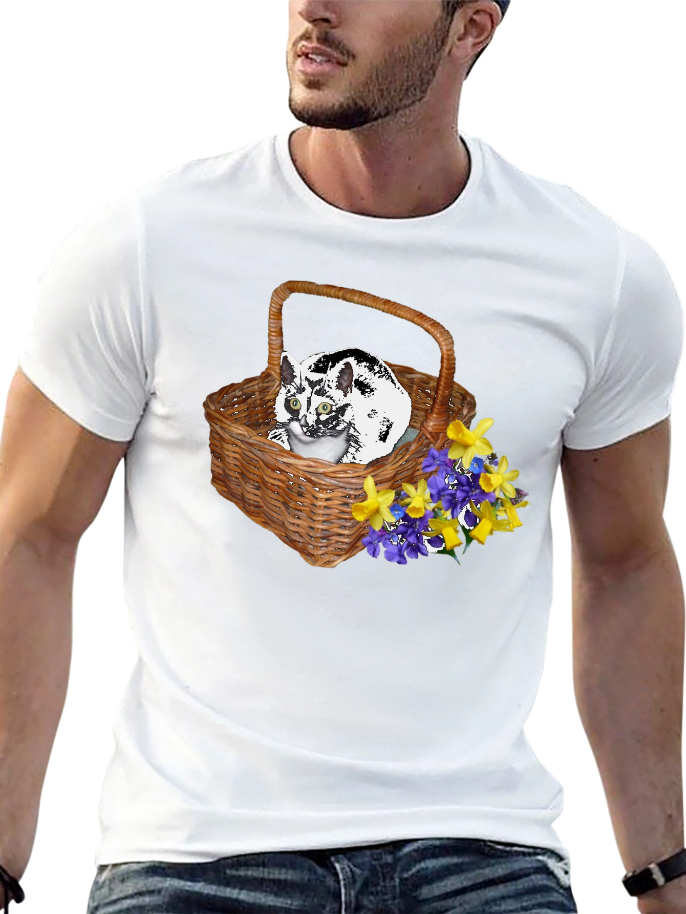Cat in Basket Tee - Floral Accent