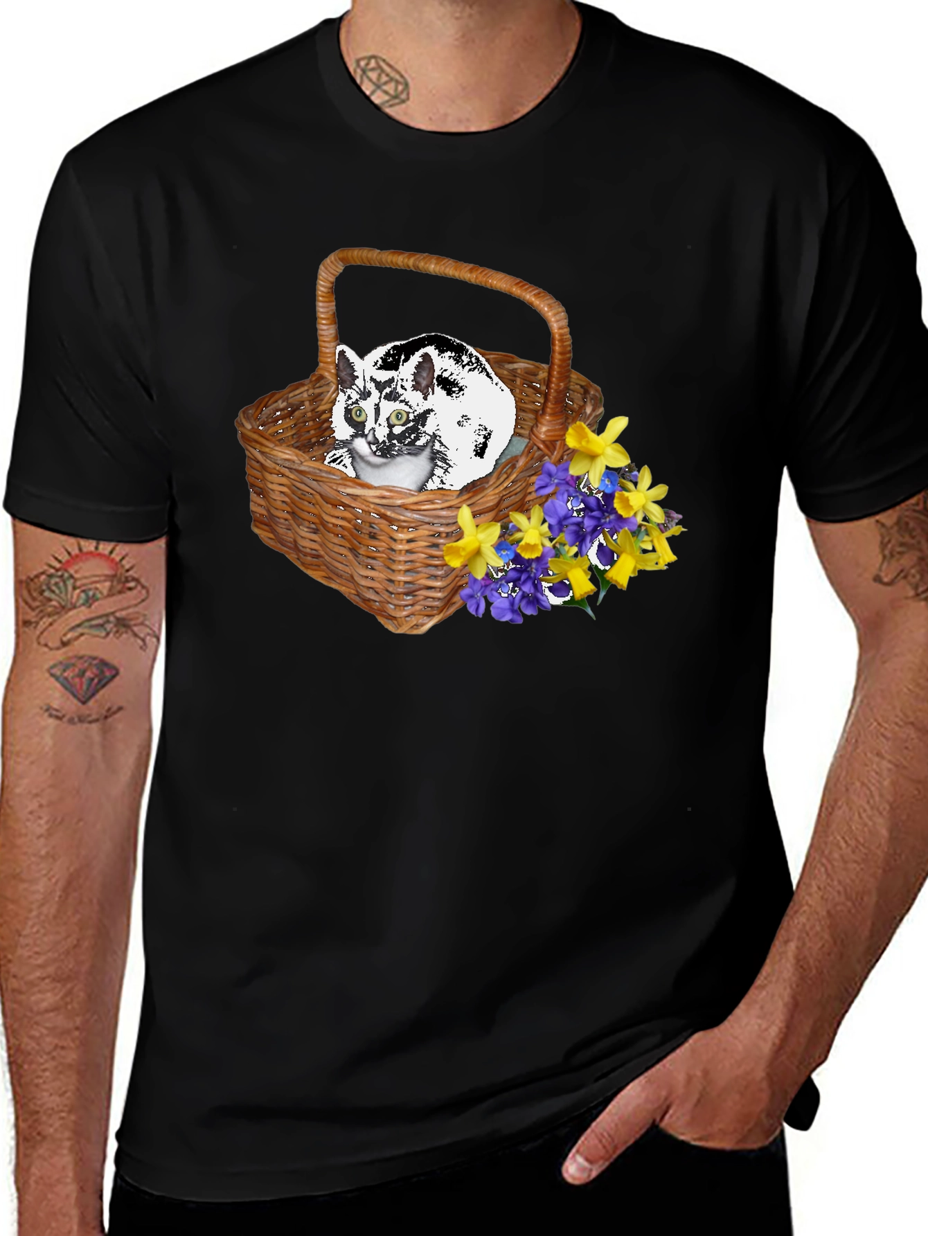 Cat in Basket Tee - Floral Accent