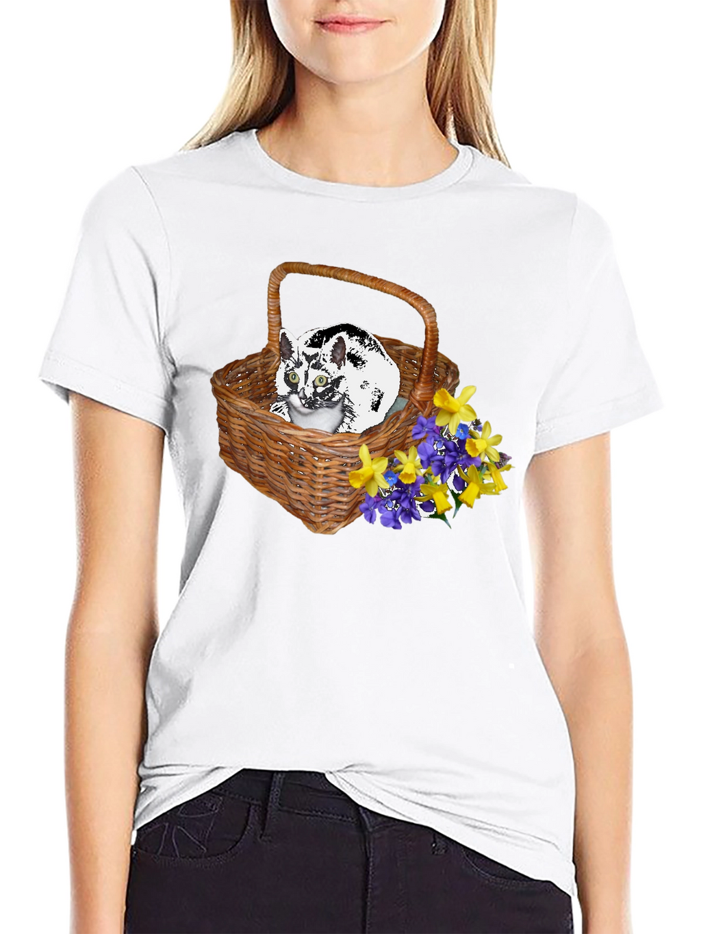Cat in Basket Tee - Floral Accent