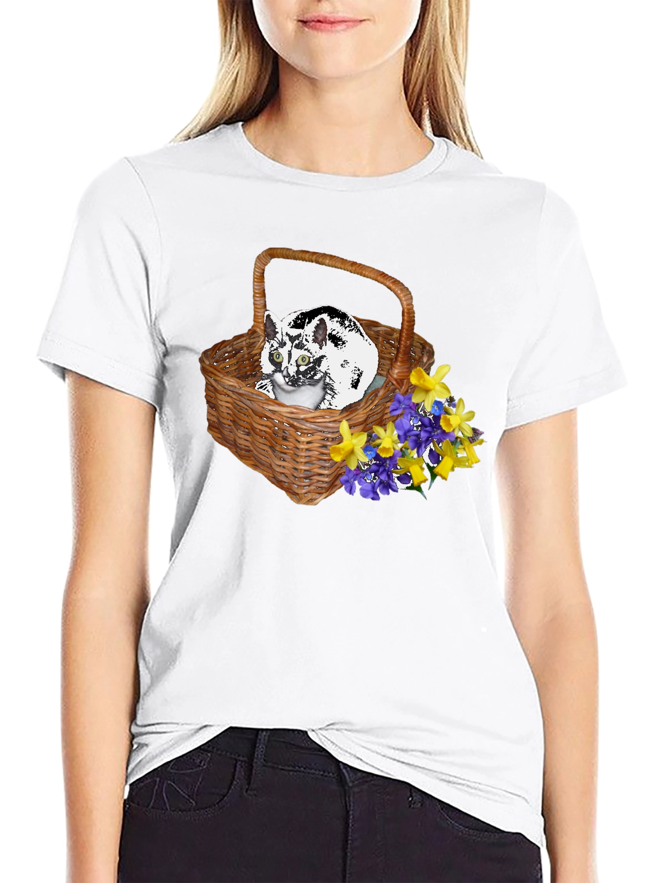 Cat in Basket Tee - Floral Accent