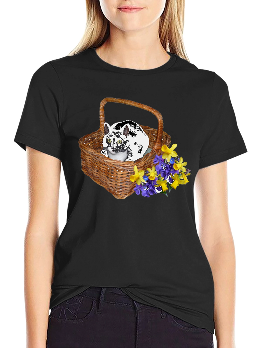 Cat in Basket Tee - Floral Accent